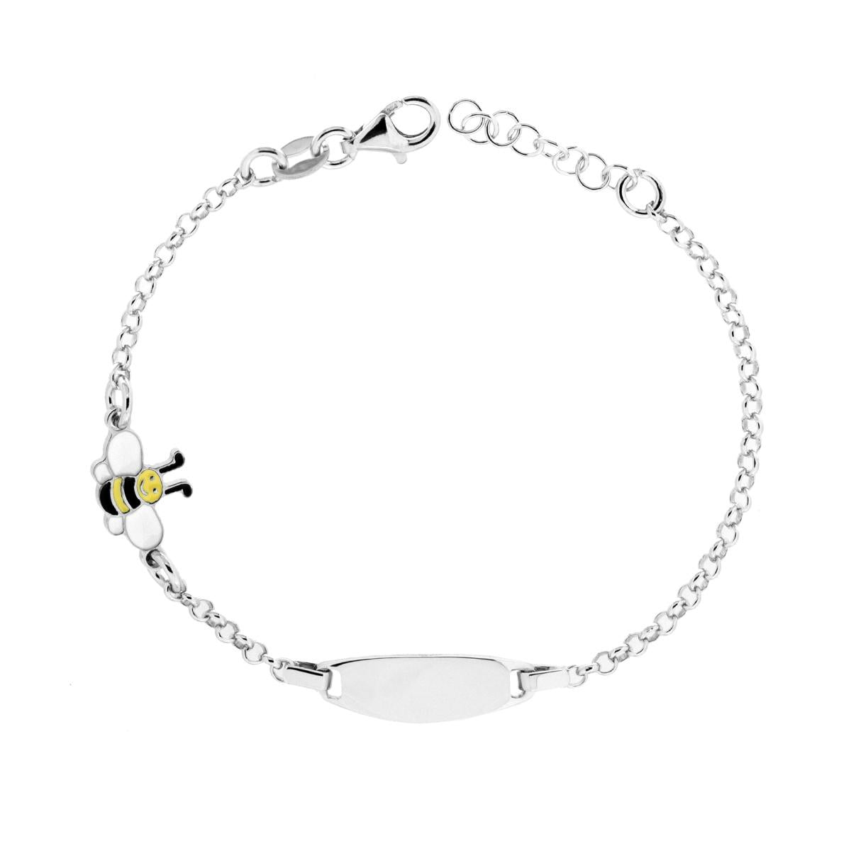 Bracciale Bimbo Bimba Targa Ovale con Catena Rolo Diamantata e Ape smalto Giallo e Bianco in ARGENTO 925 Galvanica Rodio