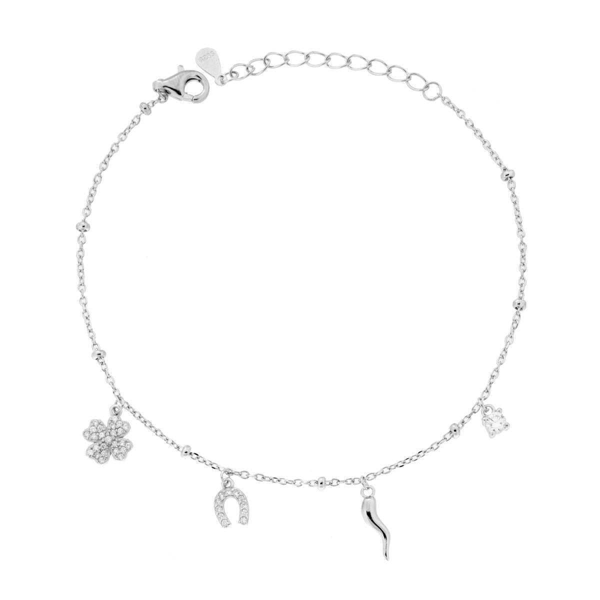 Bracciale Catena Forzatina Diamantata con Corno Ferro di Cavallo e Quadrifoglio con Cubic Zirconia Bianchi in ARGENTO 925 Galvanica Rodio