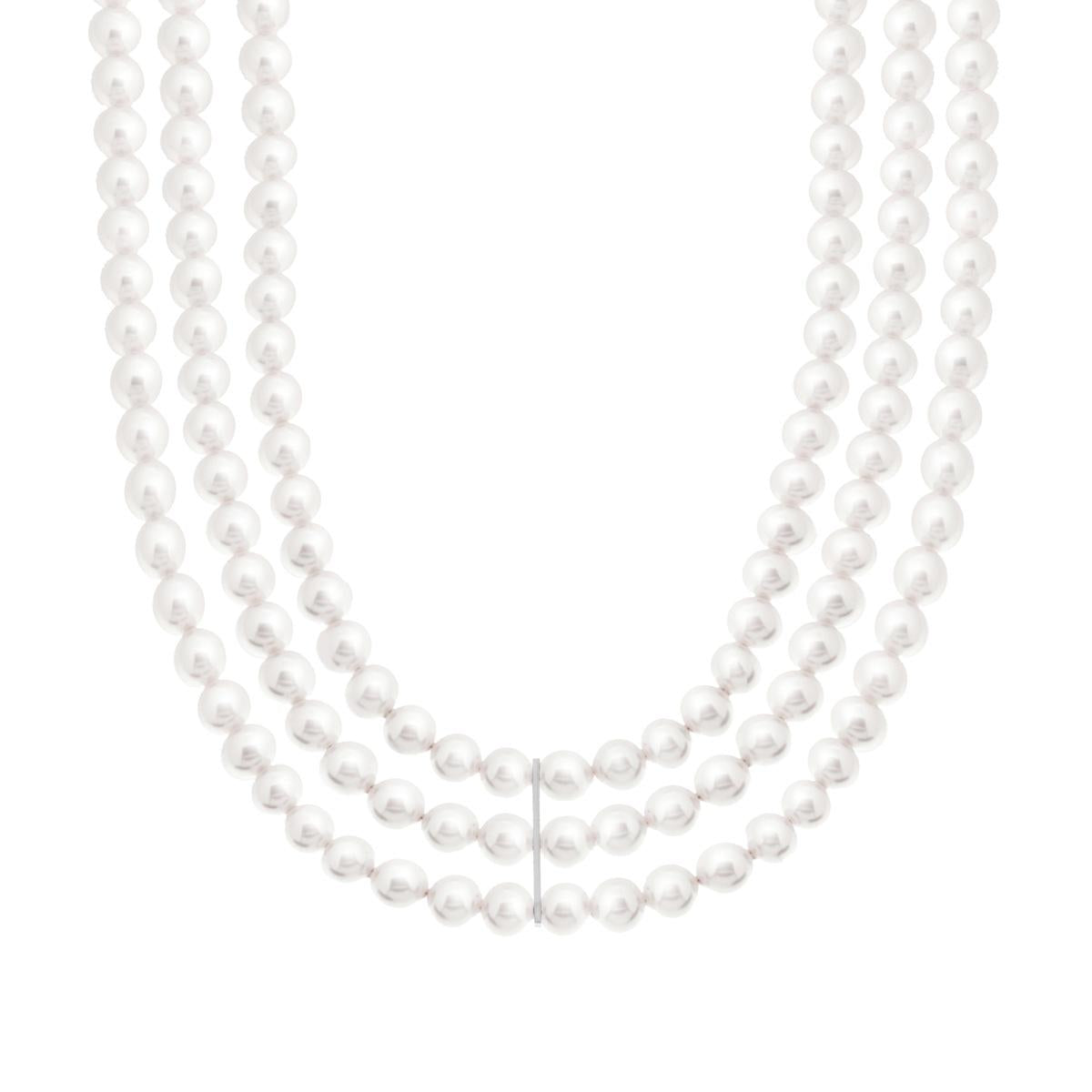 Collana Girocollo tre fili Perla Bianca mm 6 in vetro perlato in ARGENTO 925 Galvanica Rodio