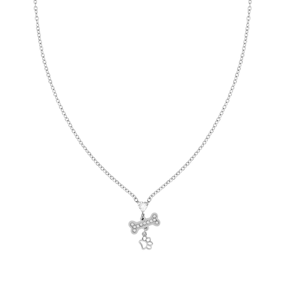 Collana Catena Forzatina Diamantata con Cuore Osso Zampa e Crystal Bianchi in ACCIAIO