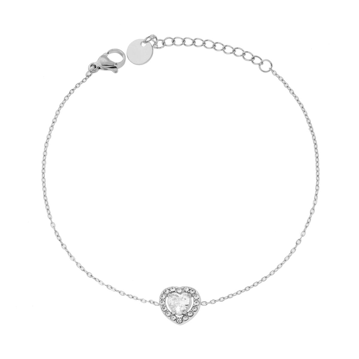 Bracciale Catena Forzatina con Cuore e Crystal Bianchi in ACCIAIO