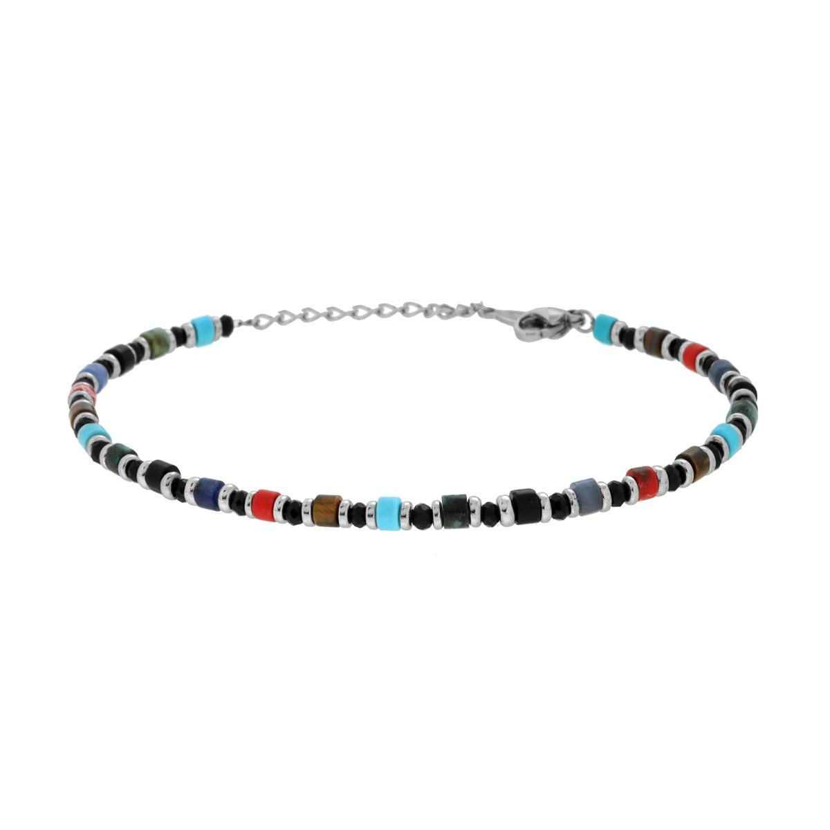 Bracciale Catena con Crystal Neri e Cilindretti Pietre Multicolor in ACCIAIO