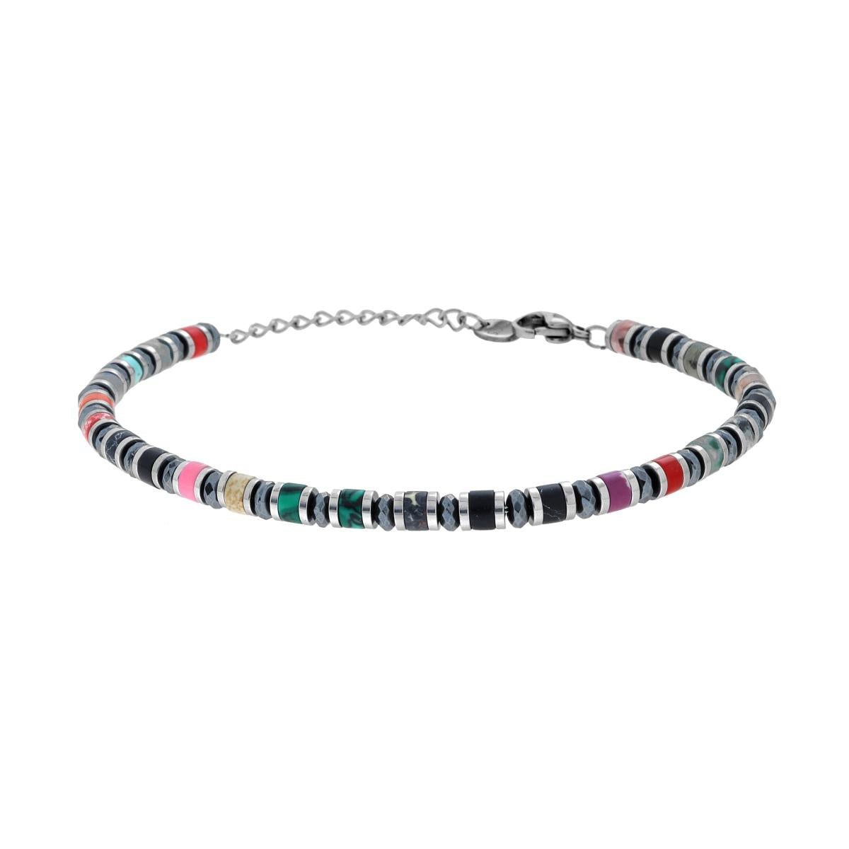 Bracciale Catena con Anelli e Cilindretti Pietre Multicolor in ACCIAIO