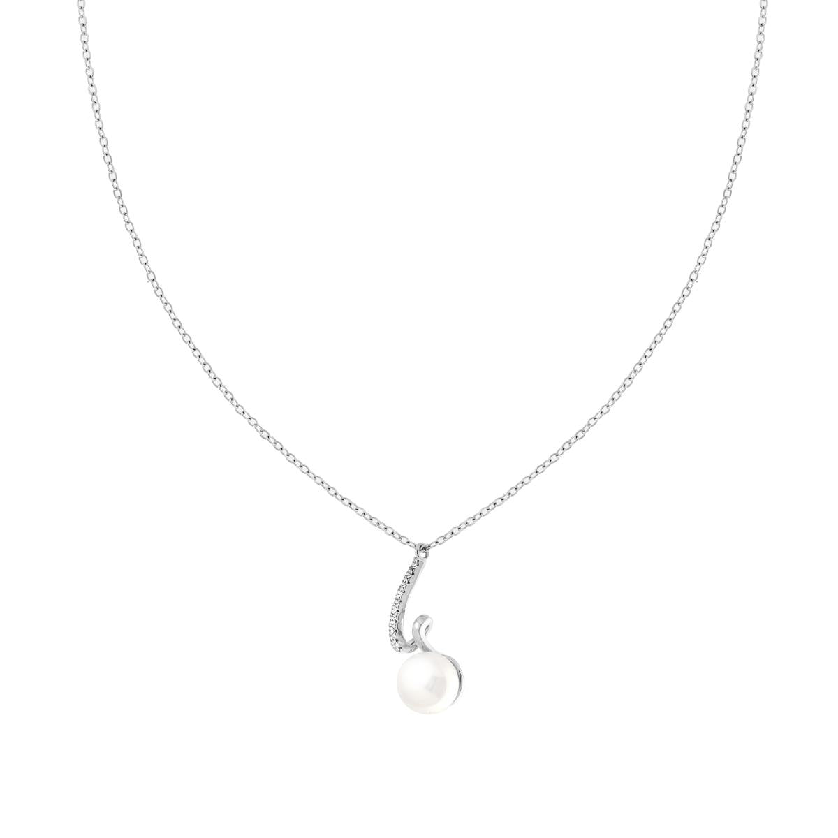 Collana Catena Forzatina con Perla e Nastro con Crystal Bianchi in ACCIAIO