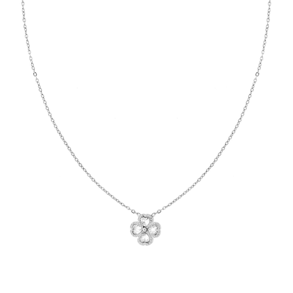 Collana Catena Forzatina con Quadrifoglio Cuori e Crystal Bianchi in ACCIAIO