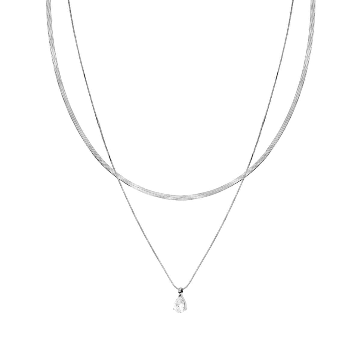 Collana due fili Catena Coda di Topo e Magik e punto Luce Goccia Crystal Bianco Pendente in ACCIAIO