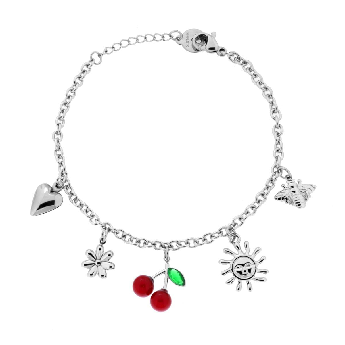 Bracciale Catena Forzatina con Charms Sole Ape Fiore Cuore Ciliegie con Smalto Rosso e Crystal Verde Smaraldo in ACCIAIO
