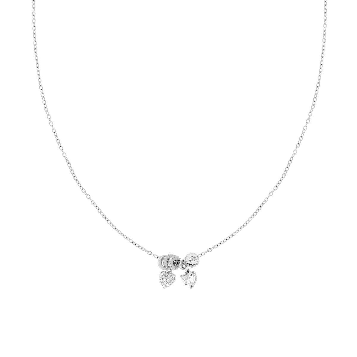 Collana Catena Forzatina Diamantata con Cuori e Rondelle con Crystal Bianchi in ACCIAIO e OTTONE