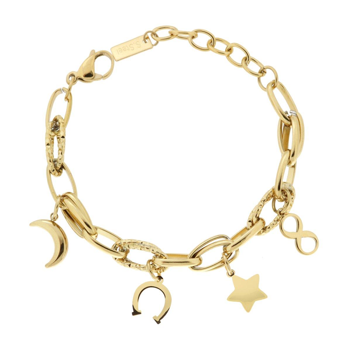 Bracciale Catena Forzatina Martellata con Charms Purtafortuna in ACCIAIO color Oro