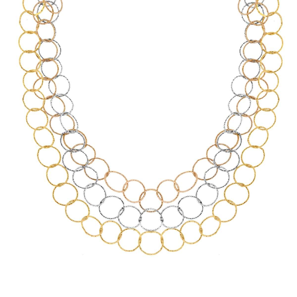 Collana tre fili Catena Cerchi Diamantati in ACCIAIO colore Oro e Rosa