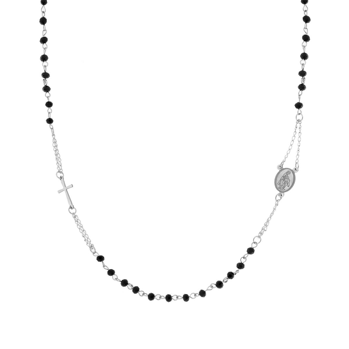 Collana Rosario modello Girocollo cm 50+5 con Grani Crystal Nero mm 3.8 in ACCIAIO