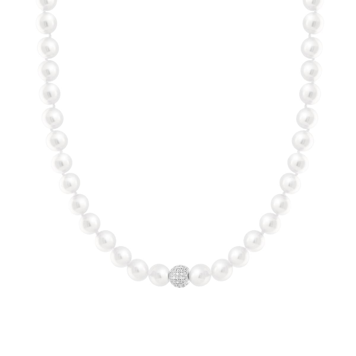 Collana filo Perle mm 8 con Sfera Centrale Crystal Bianchi in ACCIAIO
