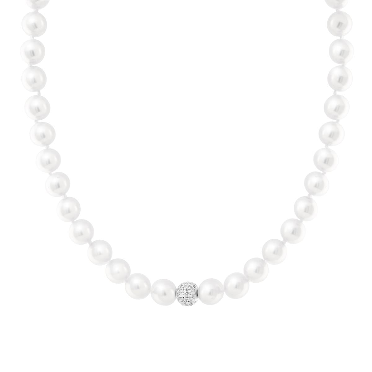 Collana filo Perle mm 10 con Sfera Centrale Crystal Bianchi in ACCIAIO