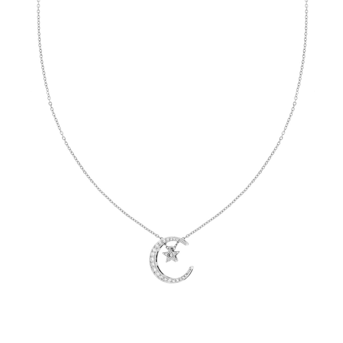 Collana Catena Forzatina Diamantata con Luna Stella e Crystal Bianchi in ACCIAIO