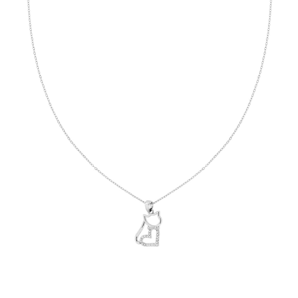 Collana Catena Forzatina Diamantata con Gatto Cuore e Crystal Bianchi in ACCIAIO