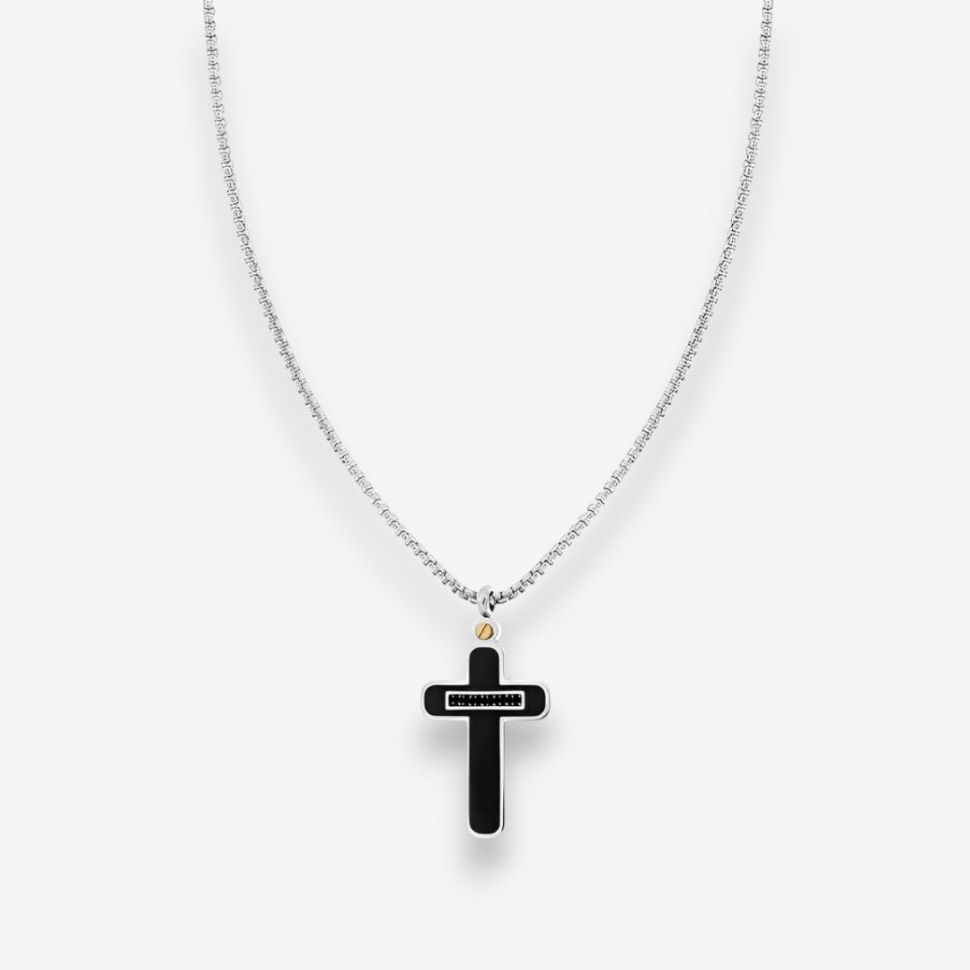 Collana Uomo con pendente a Croce in Acciaio Inox e Zirconi Neri