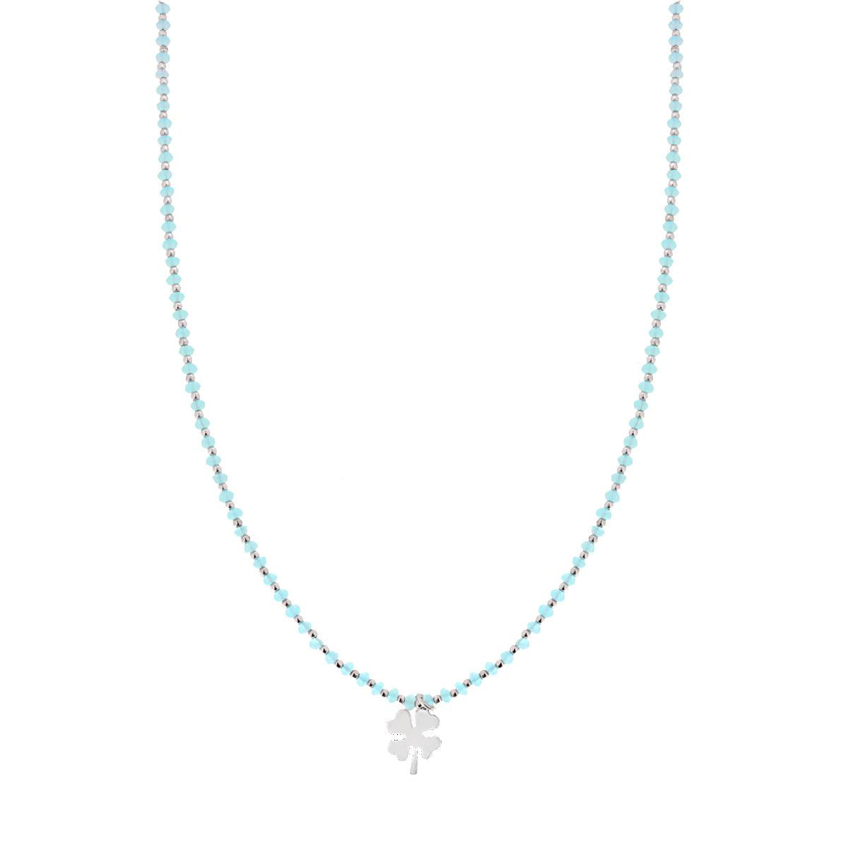 Collana Lunga con Crystal Azzurro e Quadrifoglio plain pendente in ARGENTO 925 Galvanica Rodio