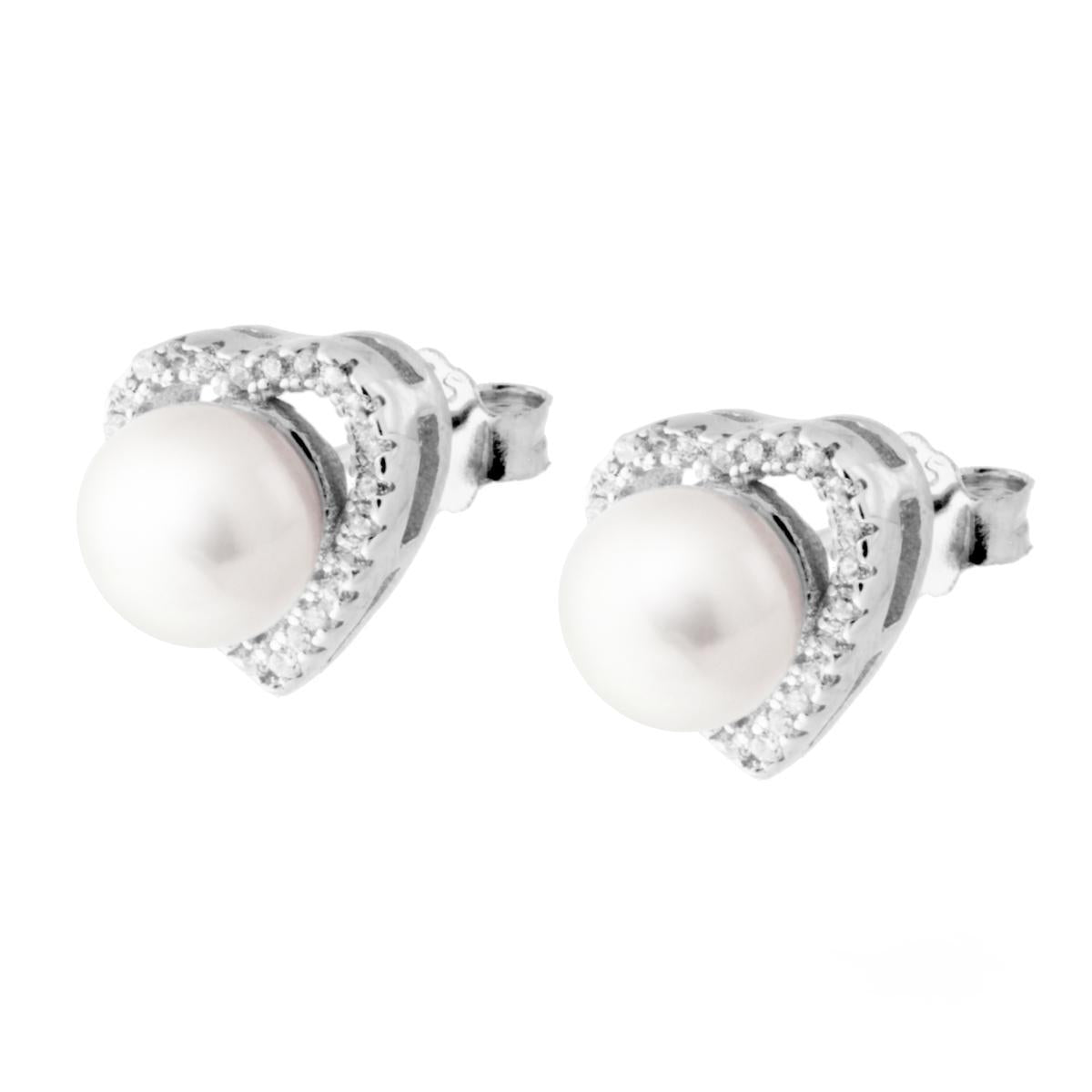 Orecchini Cuore con Perla di fiume e Zirconi Bianchi in ARGENTO 925 Galvanica Rodio
