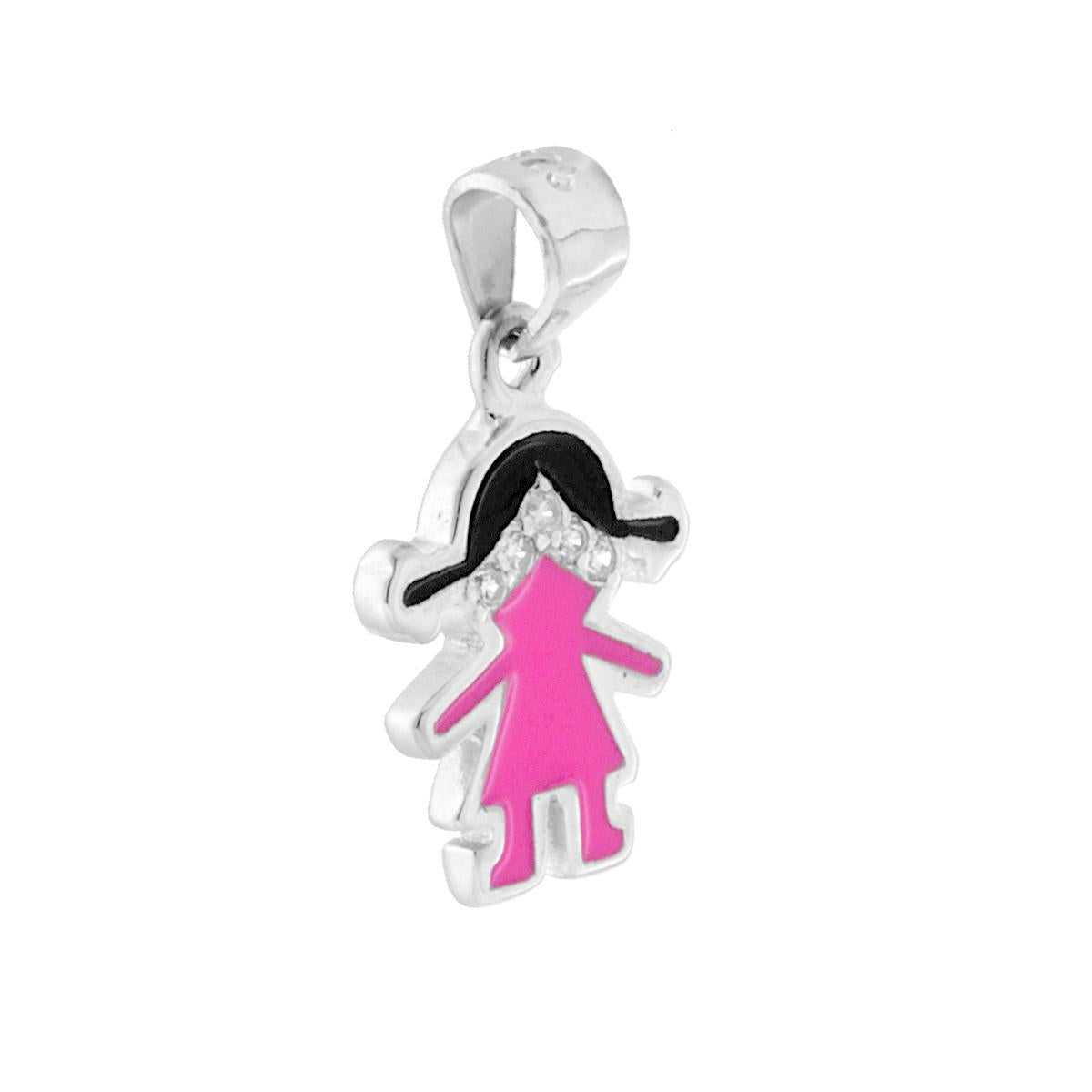Ciondolo piccolo a forma di bimba con applicazione smalto rosa e nero e ccon cubic zirconia bianchi incastonati.