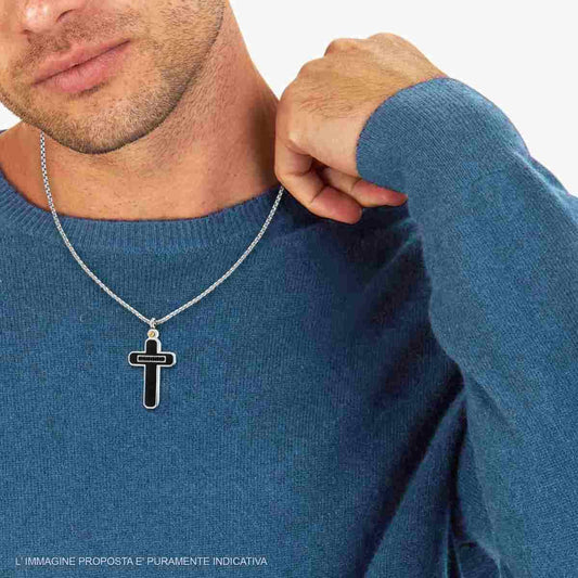 Collana Uomo con pendente a Croce in Acciaio Inox e Zirconi Neri