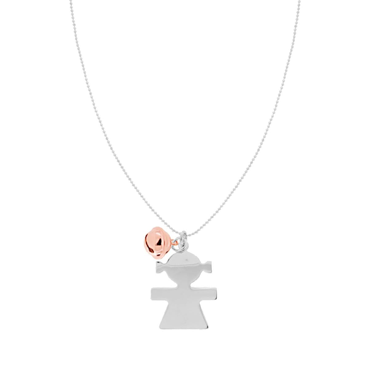Collana Catena Palline Diamantate con Bimba plain e Sonaglio Galvanica Rosa in ARGENTO 925 Galvanica Rodio