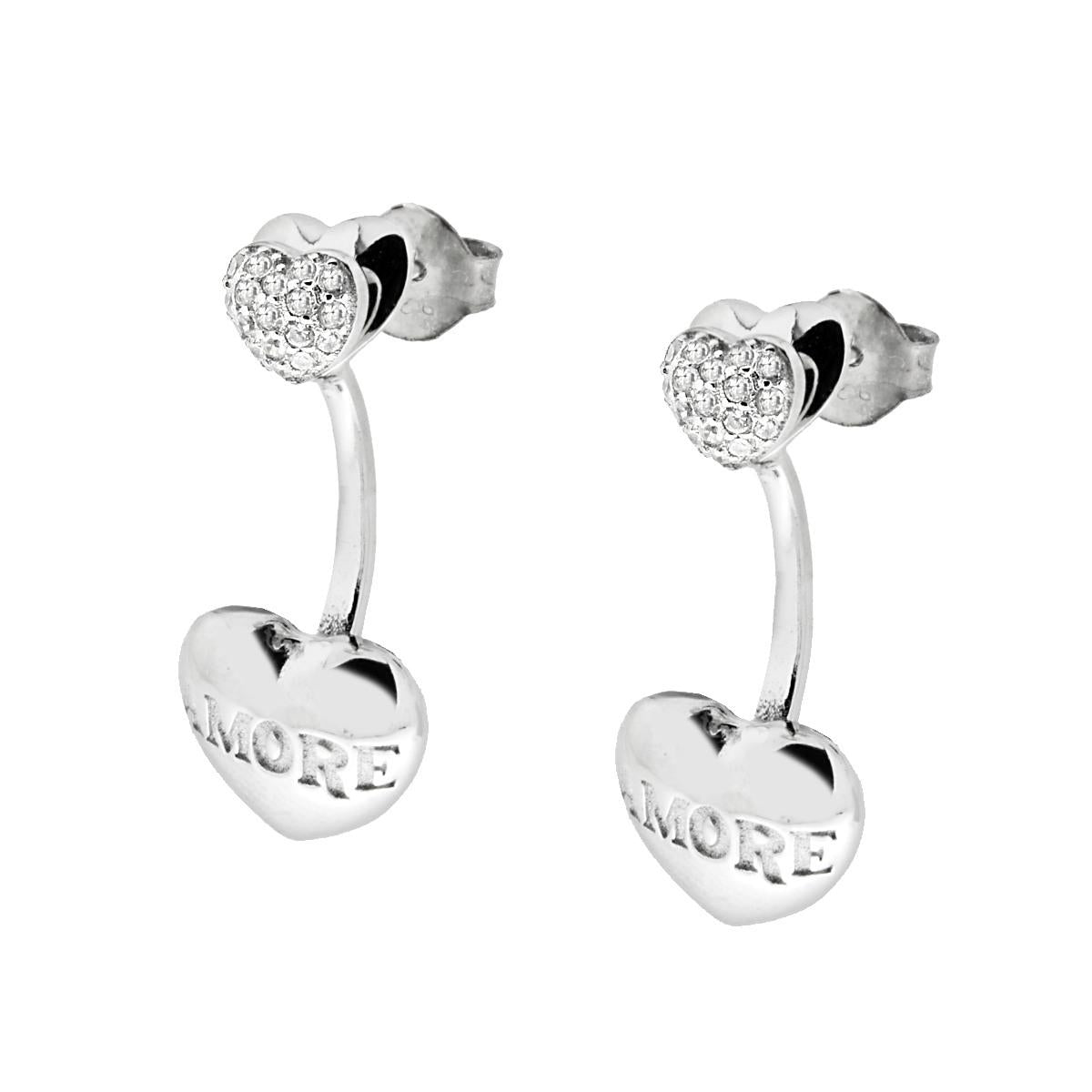 Orecchini Amore con Zirconi Bianchi e Cuore con Smalto Rosso in ARGENTO 925 Galvanica Rodio