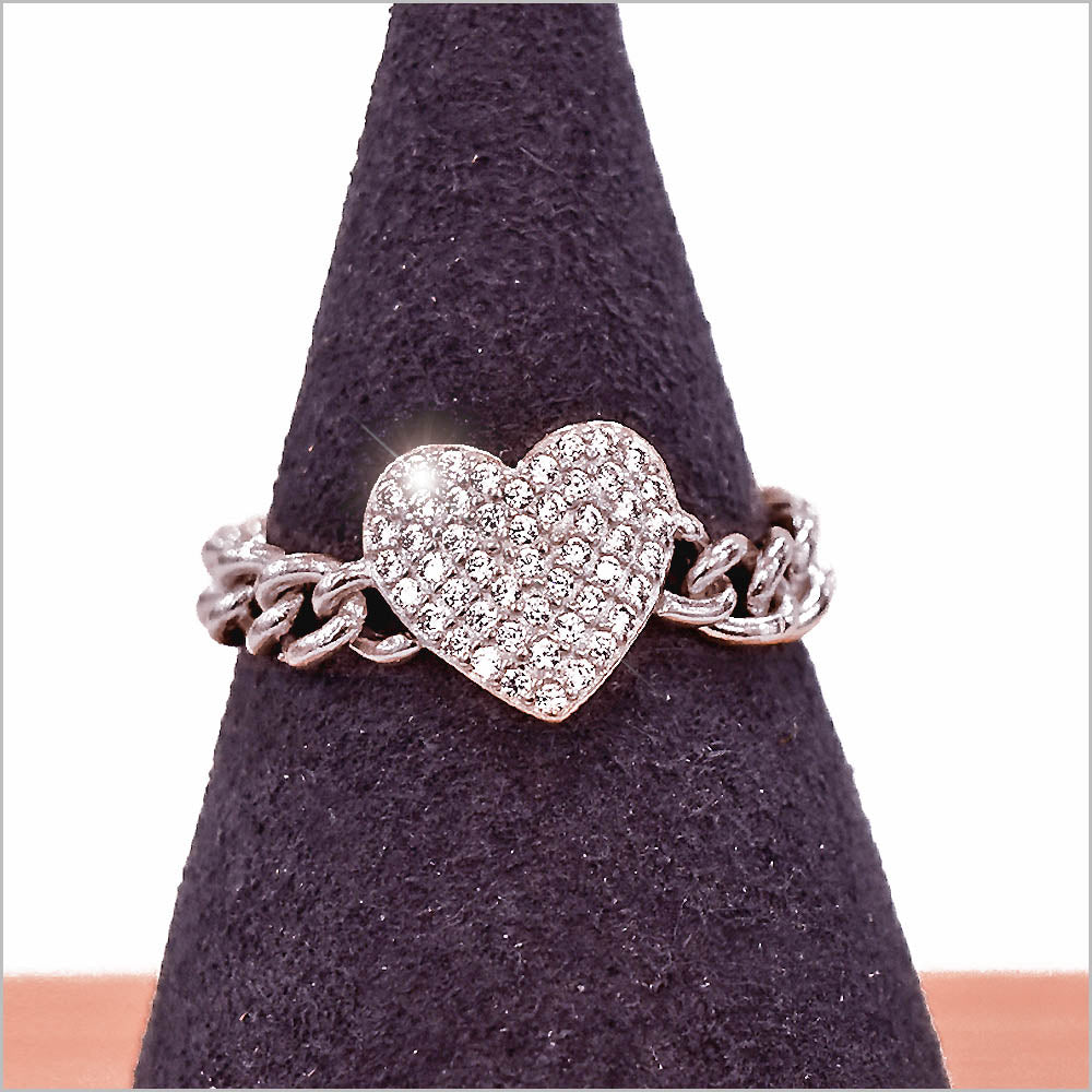 Anello Donna Cuore in Argento 925 Regolabile a catena groumette con zirconi