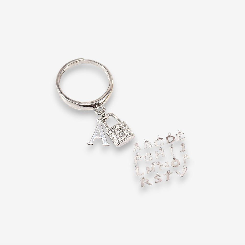 Anello Donna in Argento 925 Rodiato Regolabile con pendente a lettera e lucchetto