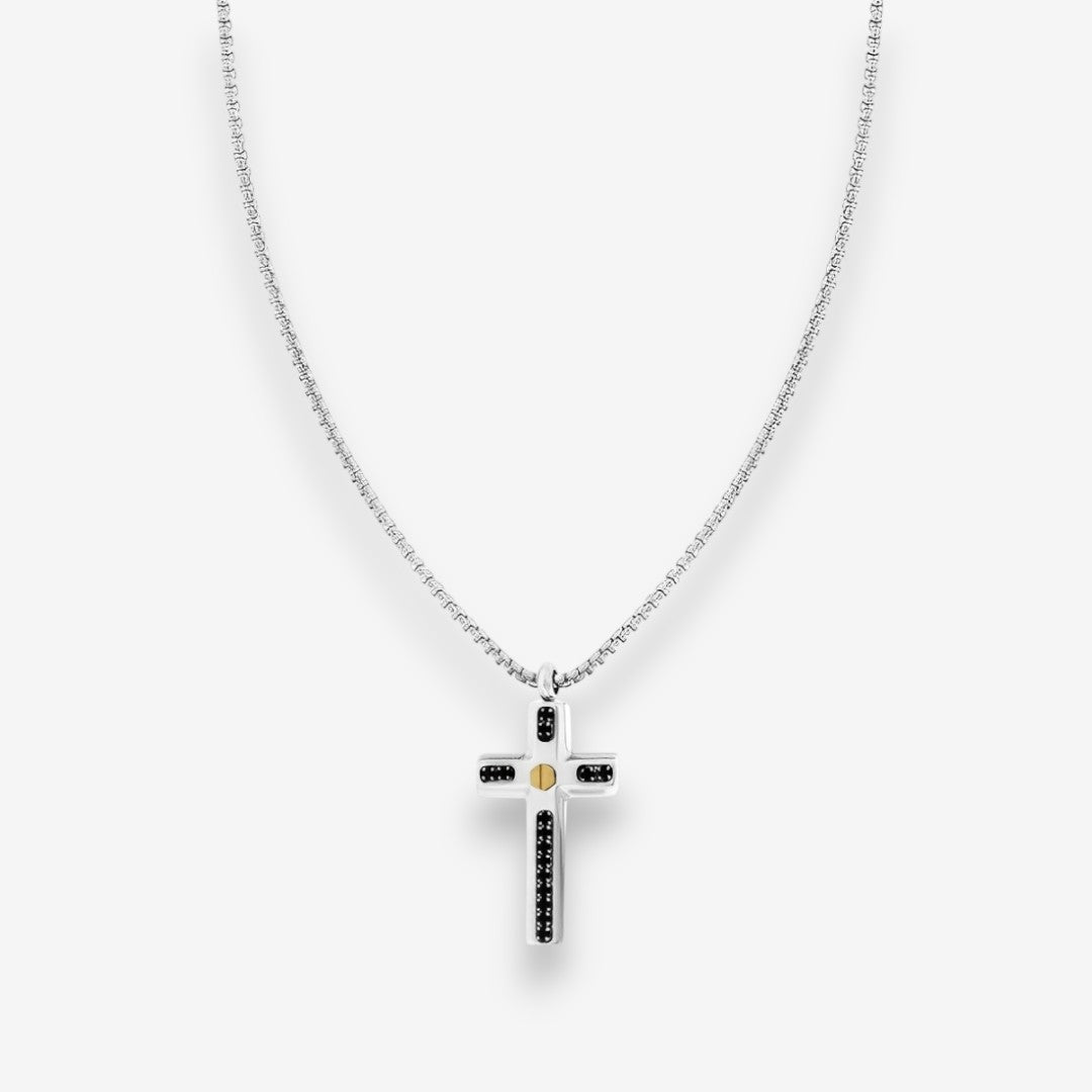 Collana Uomo con pendente a Croce in Acciaio Inox e Zirconi Neri