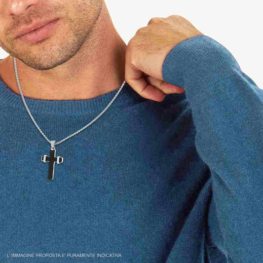 Collana Uomo con pendente a Croce Quadrettata Nera in Acciaio Inox