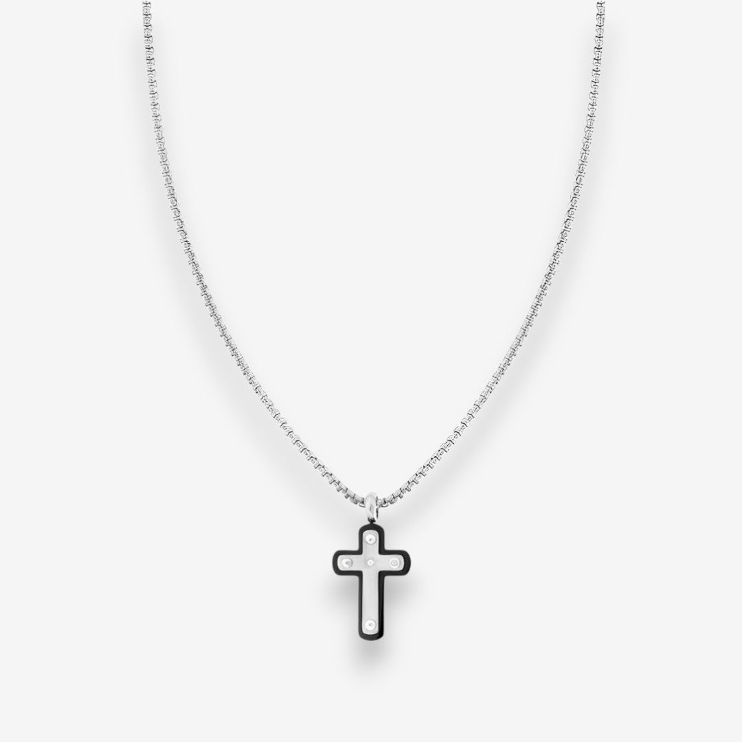 Collana Uomo con pendente a Croce in Acciaio Inox e zircone bianco