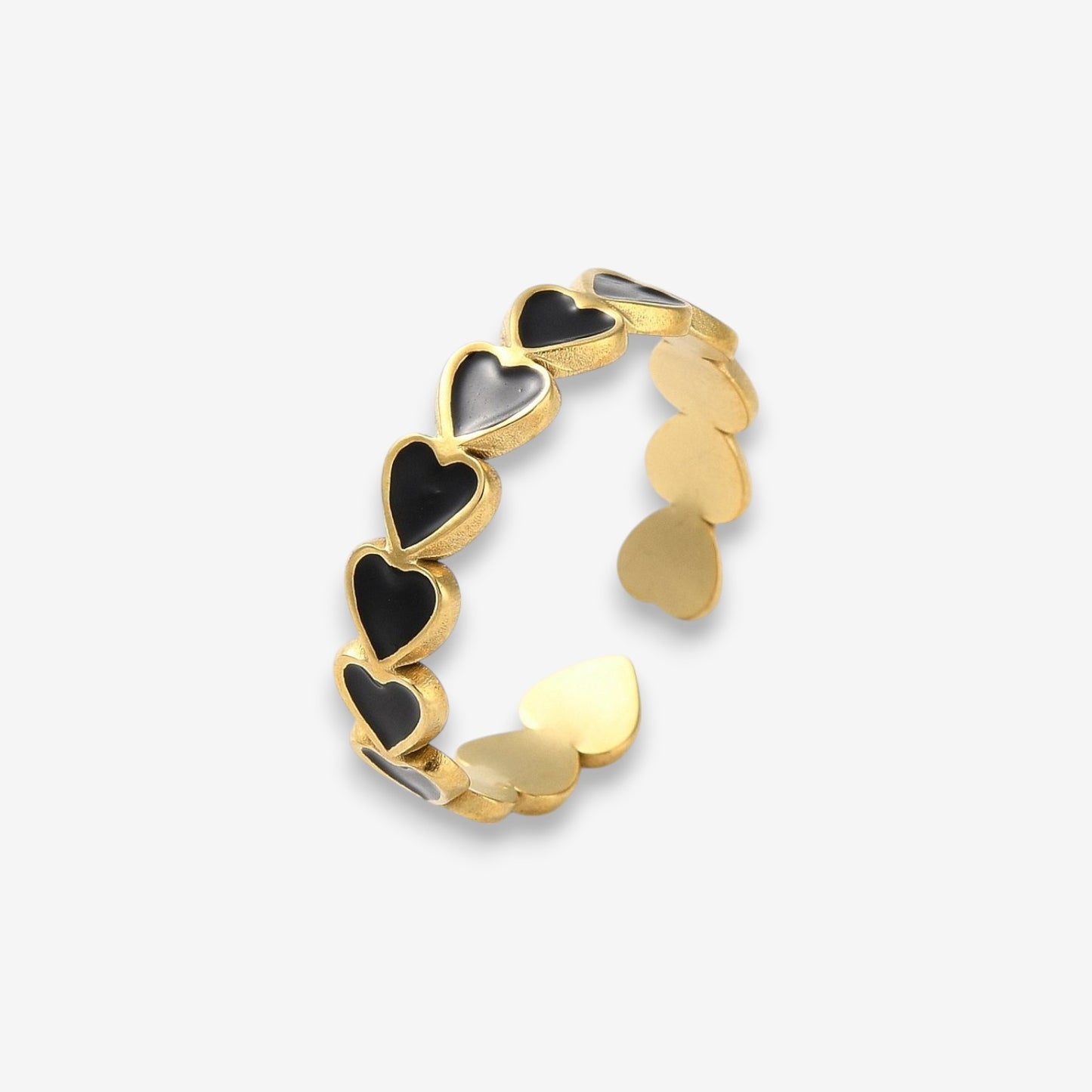 Anello Donna con cuori neri in Acciaio Inox Oro Regolabile
