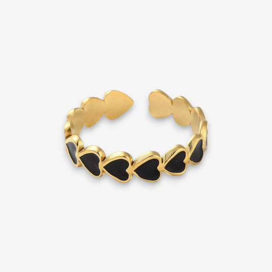 Anello Donna con cuori neri in Acciaio Inox Oro Regolabile