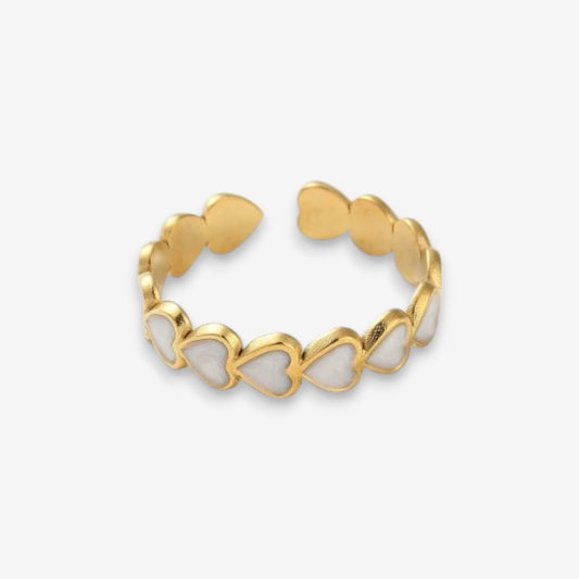 Anello Donna con cuori bianchi in Acciaio Inox Oro Regolabile