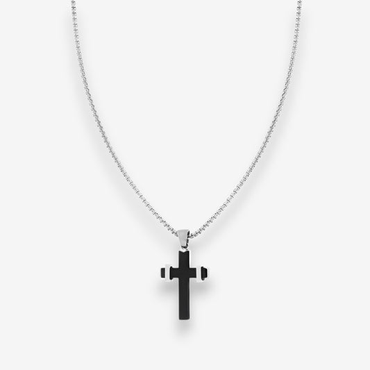 Collana Uomo con pendente a Croce Quadrettata Nera in Acciaio Inox