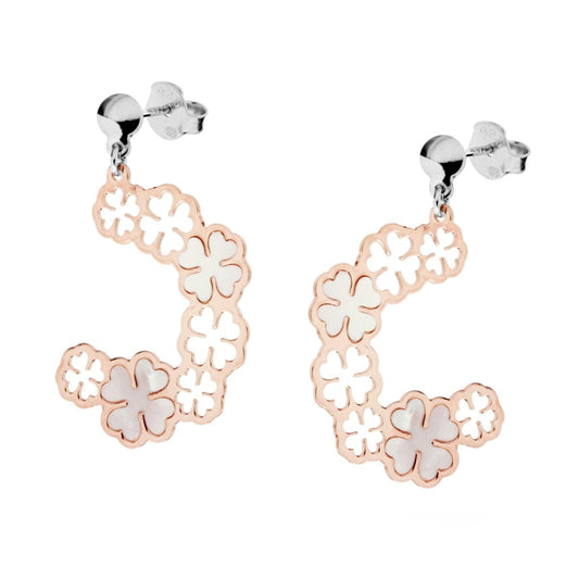 Orecchini Pendenti con Quadrifoglio e Madreperla in ARGENTO 925 Galvanica Rosa<BR>