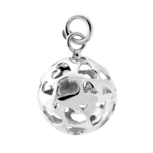 Ciondolo Chiama Angeli a forma Sferica con lavorazione Liscia e Lucida, con Cuoricini Traforati con Sonaglio interno.