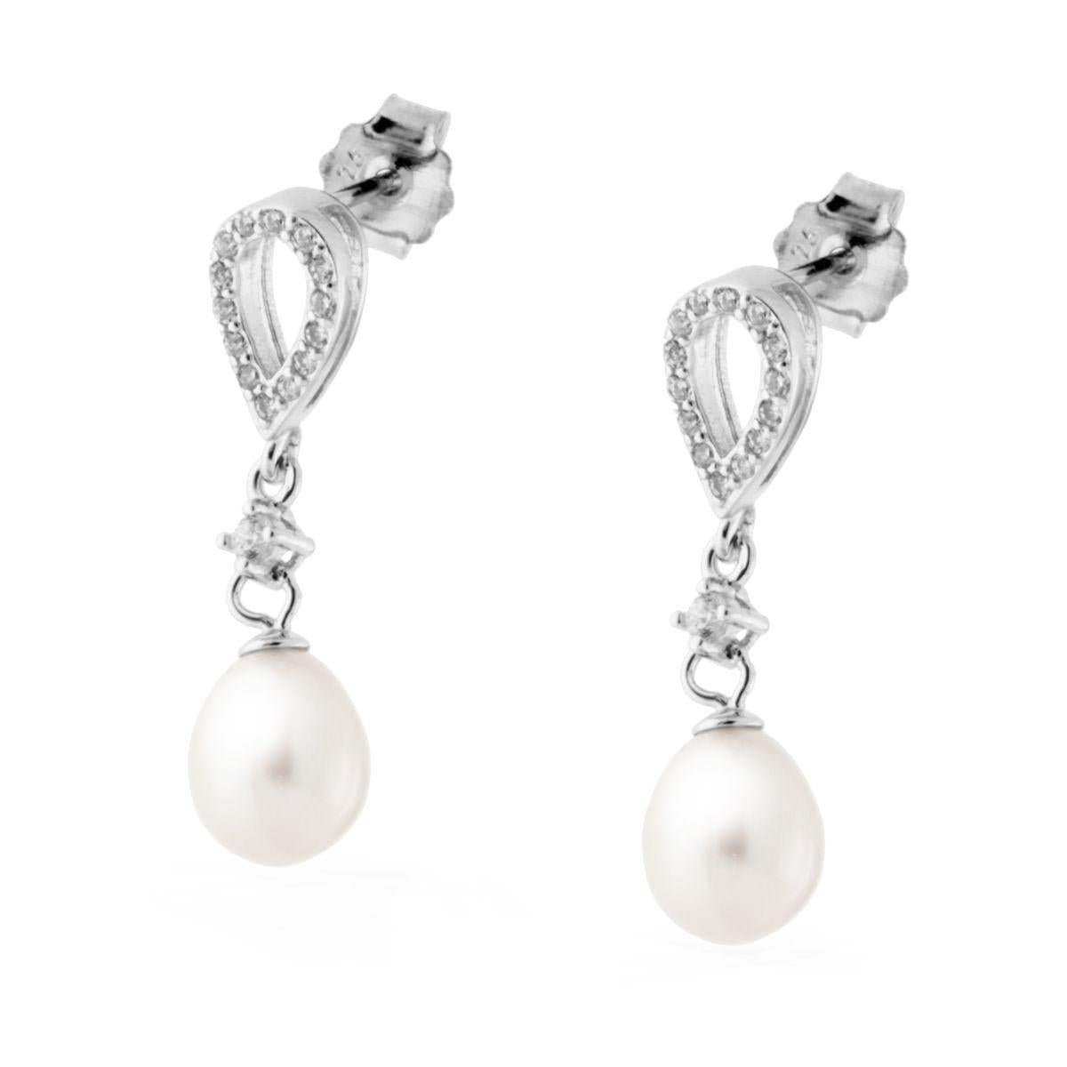 Orecchini Goccia pendenti con Perla di fiume e Zirconi Bianchi in ARGENTO 925 Galvanica Rodio
