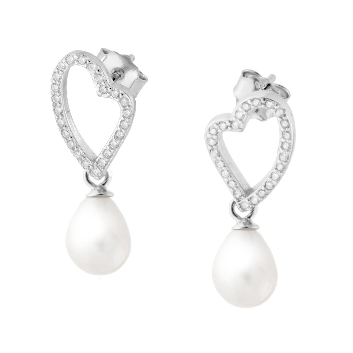 Orecchini Cuore con Perla di fiume e Zirconi Bianchi in ARGENTO 925 Galvanica Rodio