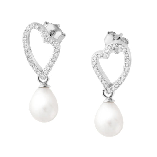 Orecchini Cuore con Perla di fiume e Zirconi Bianchi in ARGENTO 925 Galvanica Rodio