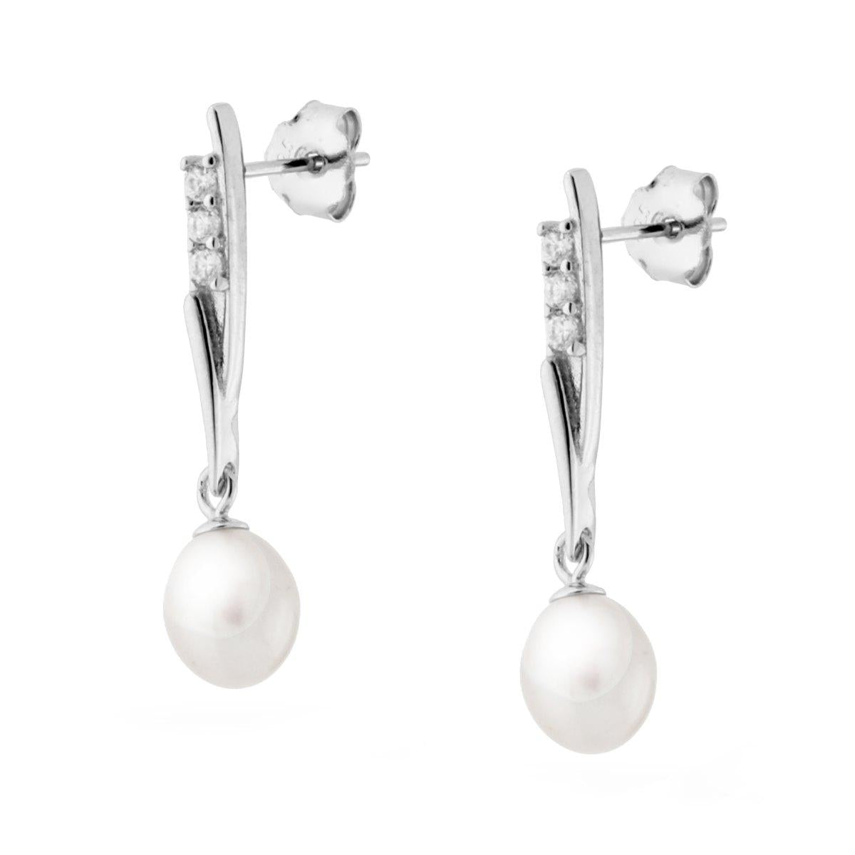 Orecchini Pendenti con Perla e Zirconi in ARGENTO 925 Galvanica Rodio