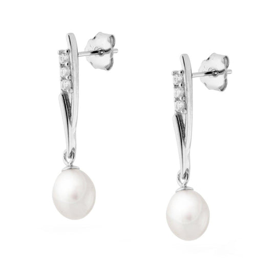 Orecchini Pendenti con Perla e Zirconi in ARGENTO 925 Galvanica Rodio
