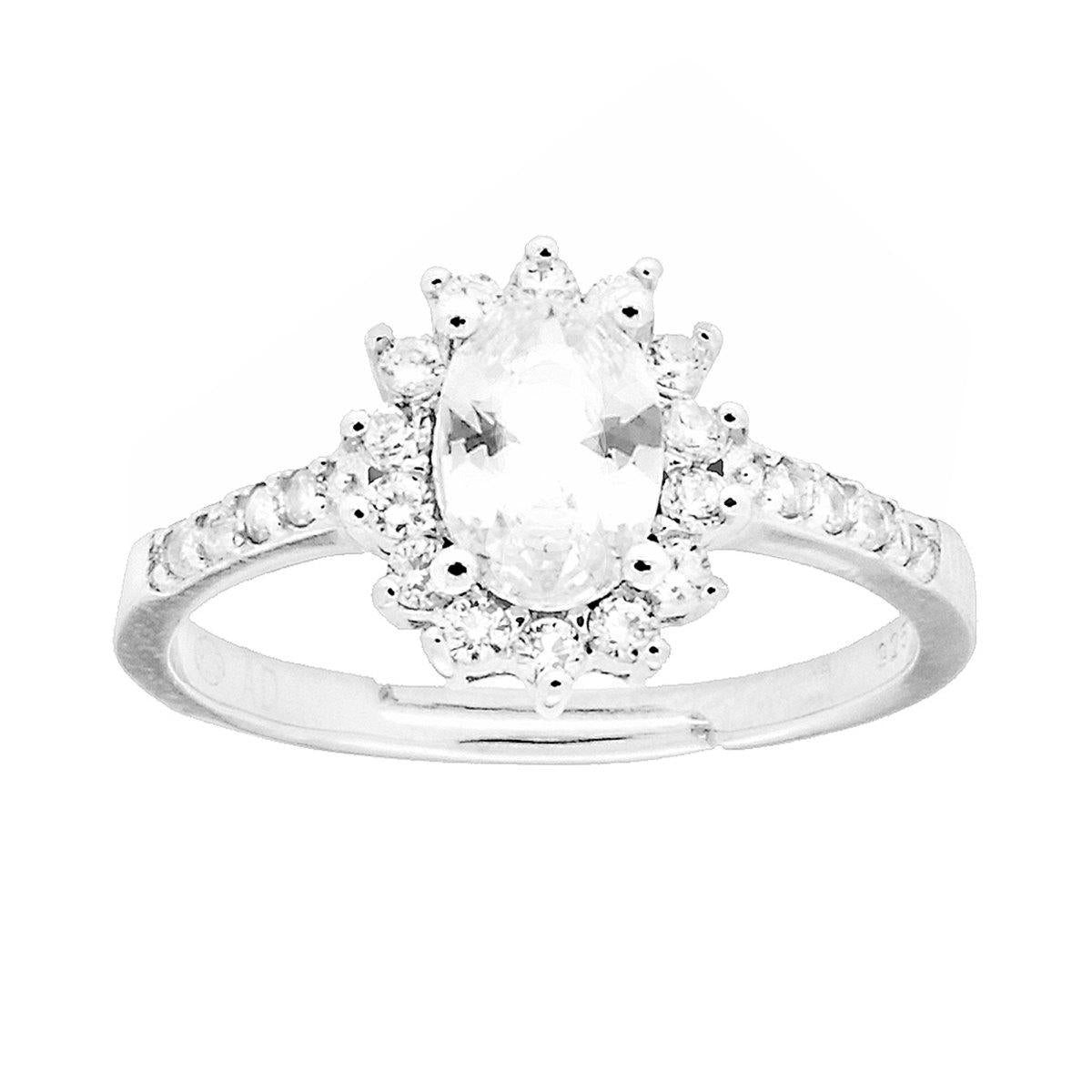 Anello Halo Solitario Ovale Bianco e Zirconi Bianchi in ARGENTO 925 Galvanica Rodio