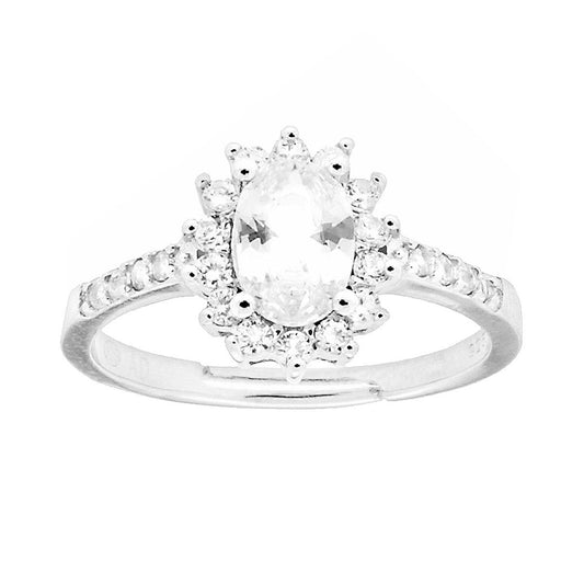 Anello Halo Solitario Ovale Bianco e Zirconi Bianchi in ARGENTO 925 Galvanica Rodio