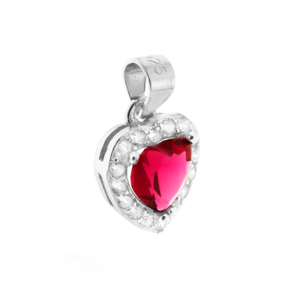 Ciondolo a forma di Cuore con Zircone Rubino Contornato da Zirconi Bianchi.