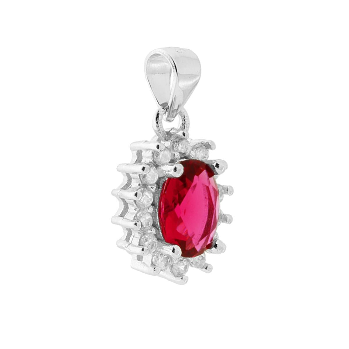 Ciondolo con forma Ovale con Zircone Rosso Rubino e Zirconi Bianchi incastonati a giro.