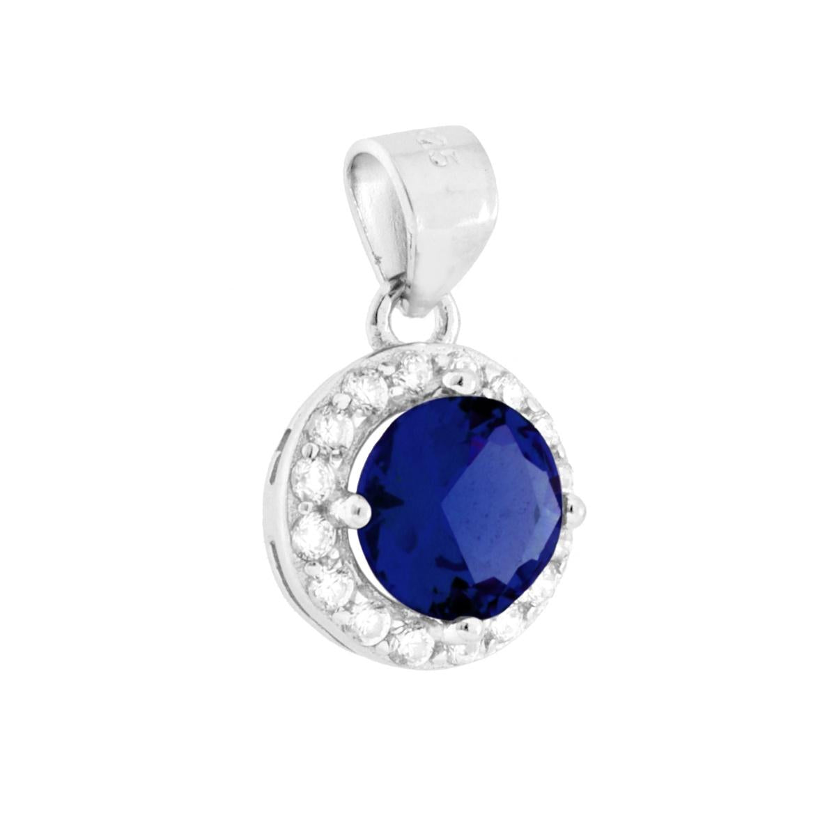 Ciondolo di forma Tonda con Cubic Zirconia Blu Zaffiro e cubic zirconia bianchi incastonati intorno.