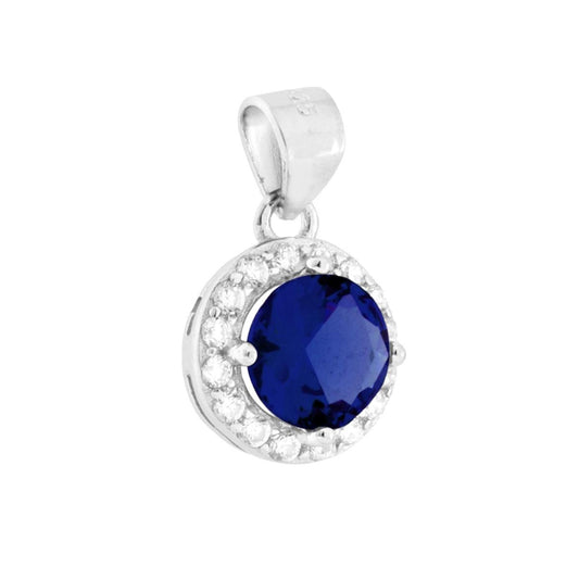 Ciondolo di forma Tonda con Cubic Zirconia Blu Zaffiro e cubic zirconia bianchi incastonati intorno.