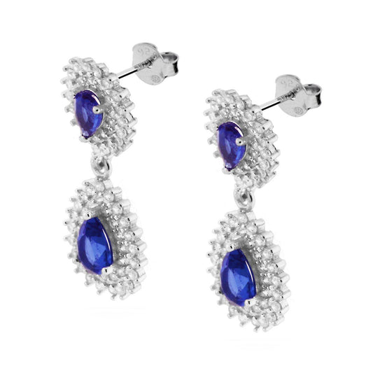 Orecchini Pendenti a Goccia con Zirconi Blu Zaffiro contornati con Zirconi Bianchi in ARGENTO 925 Galvanica Rodio