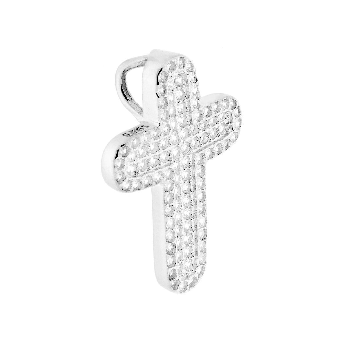 Ciondolo a forma di Croce Latina con passante per catena, con zirconi bianchi incastonati.<BR>